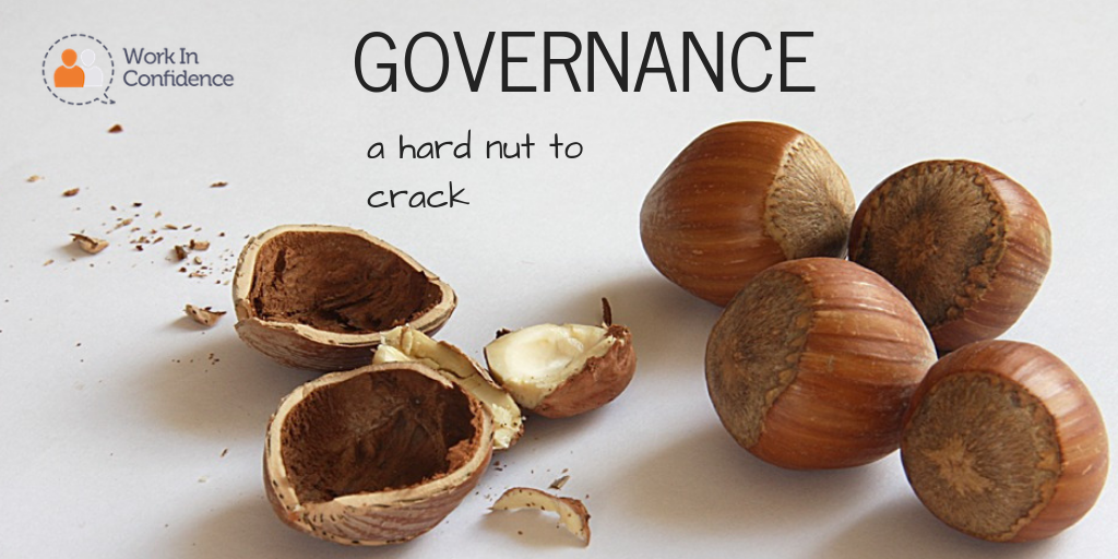 Image of hazelnuts, some open, and the text "Governance - a hard nut to crack"