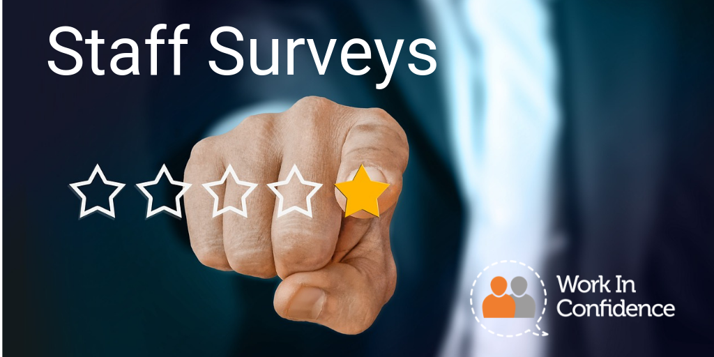 Photo of a person pointing with the hand zoomed on, then a graphic of 5 starts with one in Yellow and the text Staff Surveys