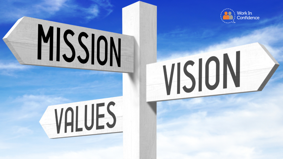 A sign post point in three different directions with the words "Mission" "Vision" and "Values"