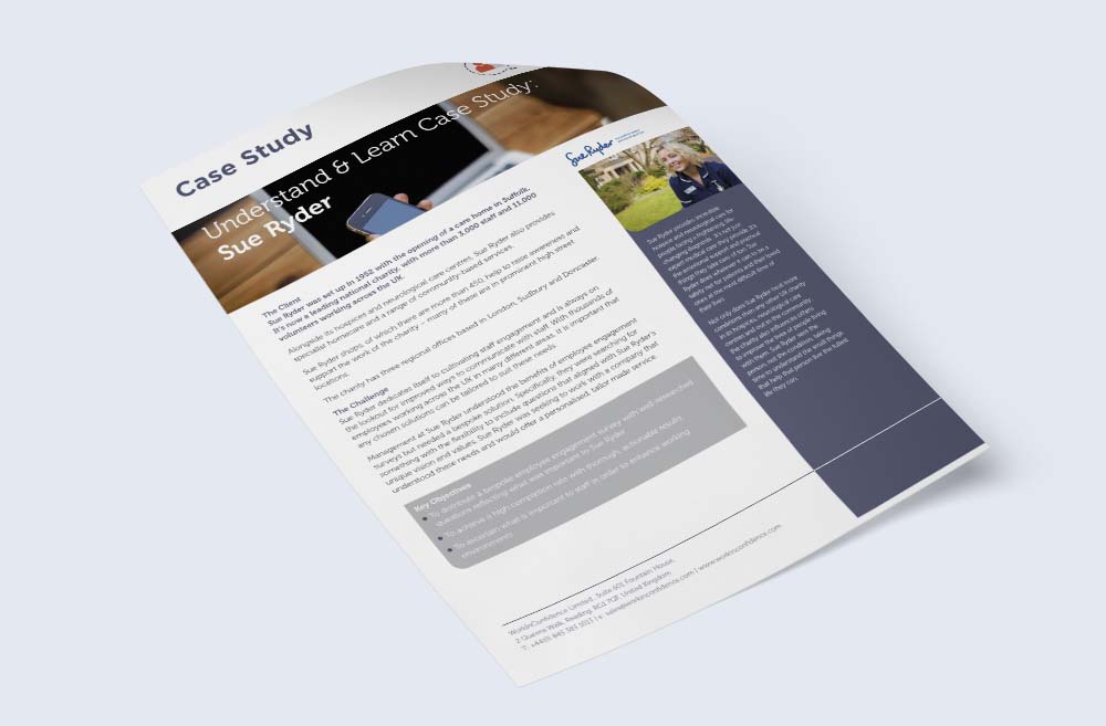 Mock up of Sue Ryder case study on how employee surveys have been implemented to improve their company model and culture