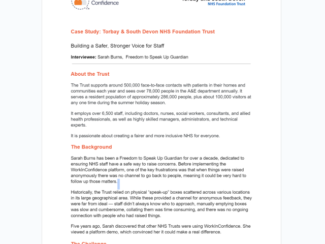 Torbay & South Devon NHS Foundation Trust Enabling Two-Way Conversations to Discover and Address Issues Early